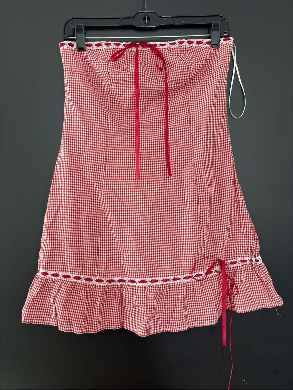 Red Gingham Strapless Sundress with Ruffle Hem